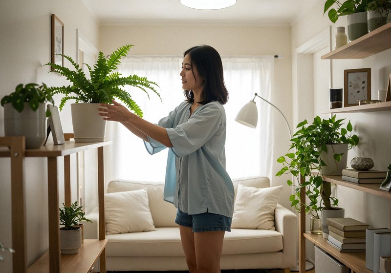 woman-arranging-plants-cozy-living-room